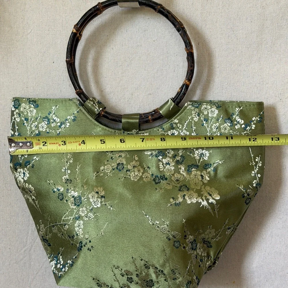 Green Floral Bamboo Handle Handbag Satin Y2K Vintage OS Asian Girly Grunge